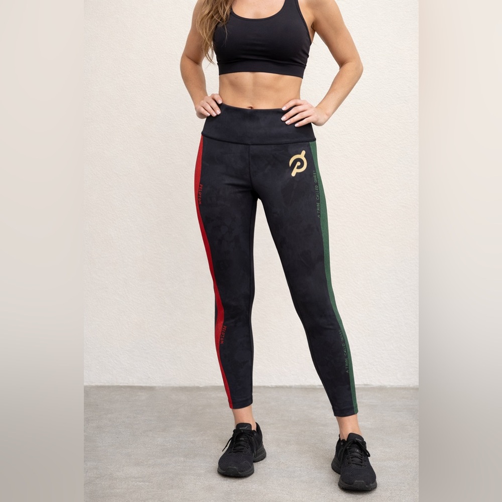 Peloton Black Leggings with Red and Green Stripes